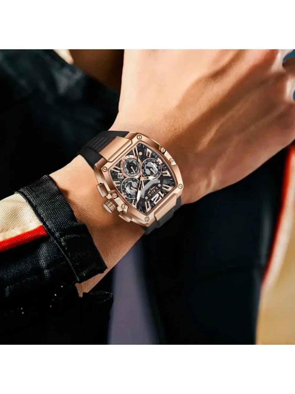 Men's Black and Bright Copper Square Chronograph Stainless Steel Quartz Watch